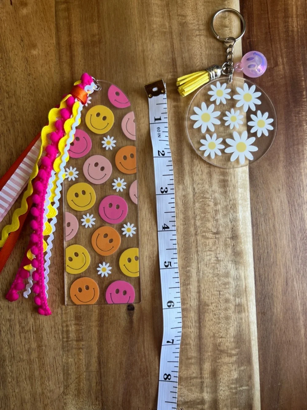 Handmade Smiley Face & Daisy Keychain and Bookmark Set - Pink, Yellow, Orange